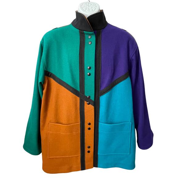 VINTAGE 80s International Scene Wool Color Block Coat Size Med or 7/8 - Picture 1 of 5